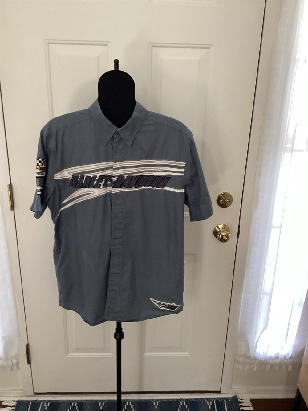 Harley-Davidson Men's gray blue Short-Sleeve snap -Up Shirt with Logo Stripes